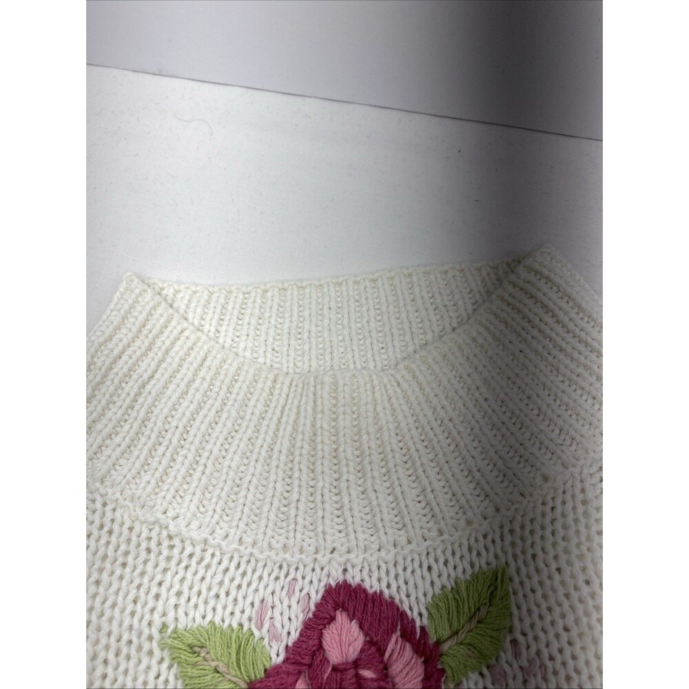 VTG Basket of Yarn Floral Embroidered Sweater M Cream Ramie Cotton - Picture 6 of 13